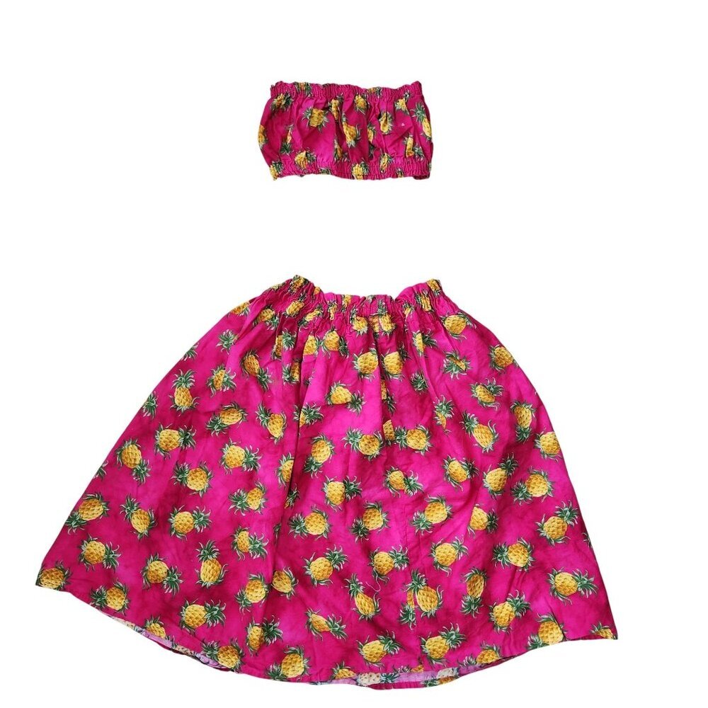 VTG Hawaii Station 2 Piece Outfit Pink Hawaiian Top Skirt Pineapple Hawaii XL